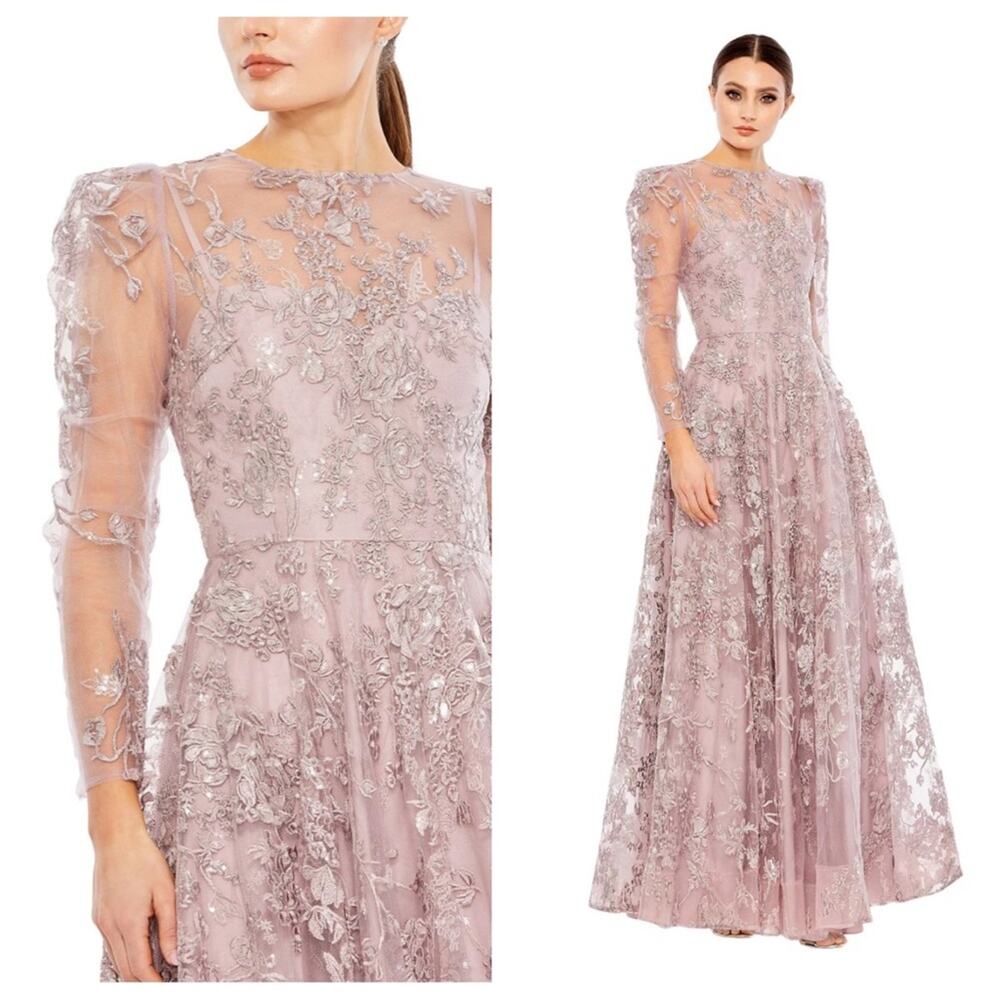 NWT MAC DUGGAL 50664 Lilac Embroidered Illusion High Neck Sheer Long Sleeve Gown